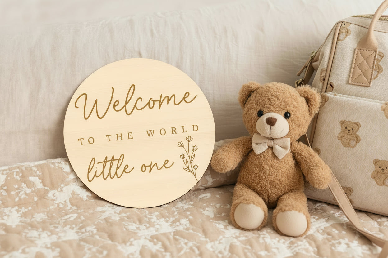 🌿 Plaque en Bois Bébé «Welcome to the World Little One»